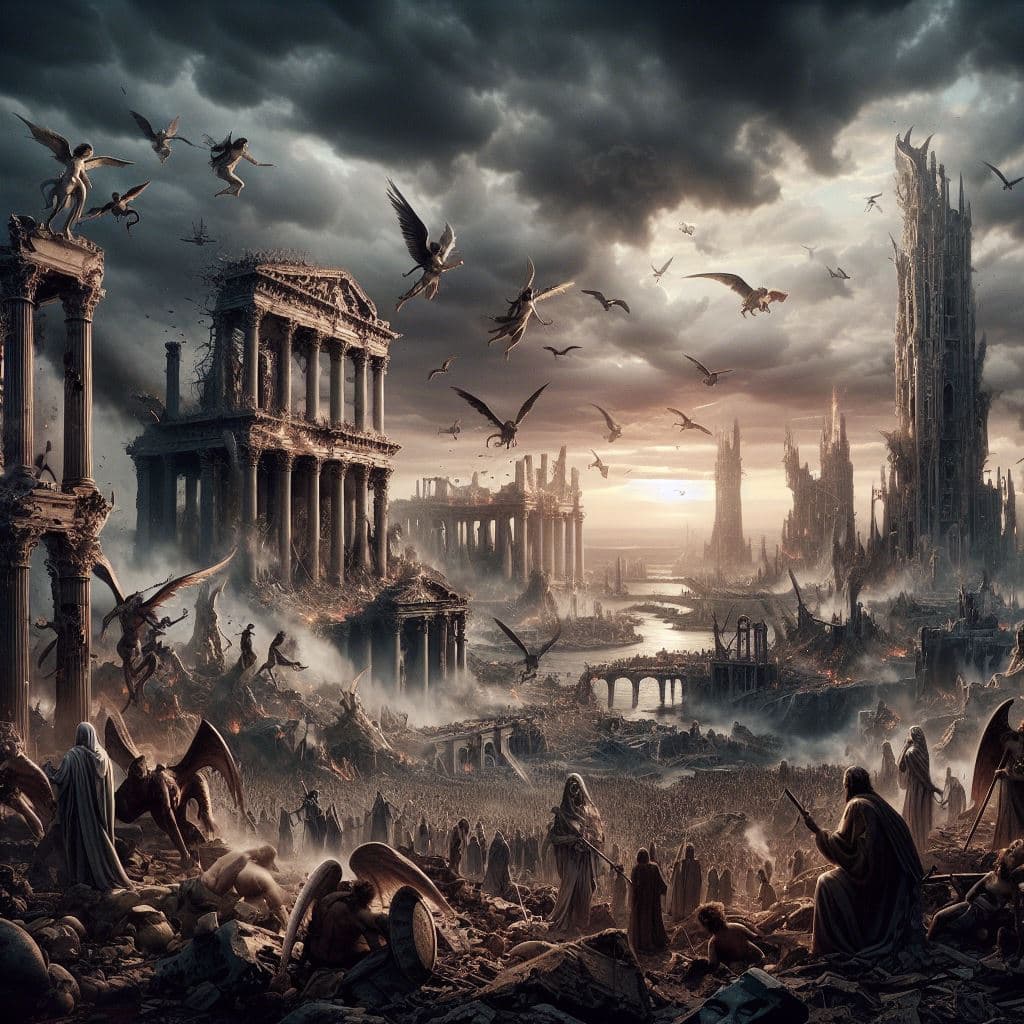 AI generated: the end of the world, jugdement day, epic battle between demons and angels on earth, destroyed lands...