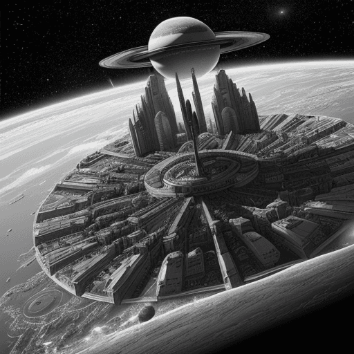 AI generated: illustration black-and-white of  Trantor is the capital planet of the Galactic Empire in the Foundat...