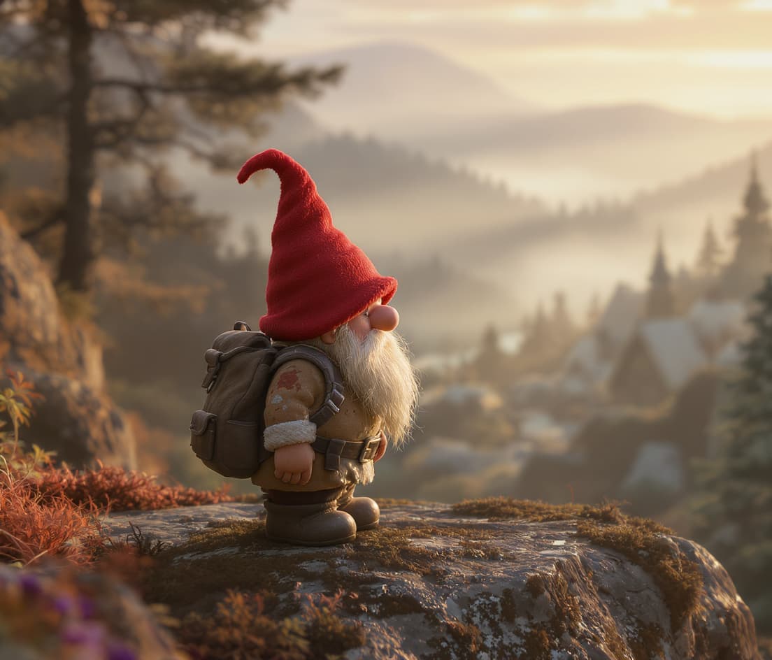 AI generated: A whimsical, high-detail 3D render of a tiny, weathered traveling gnome with a pointed red hat and a...