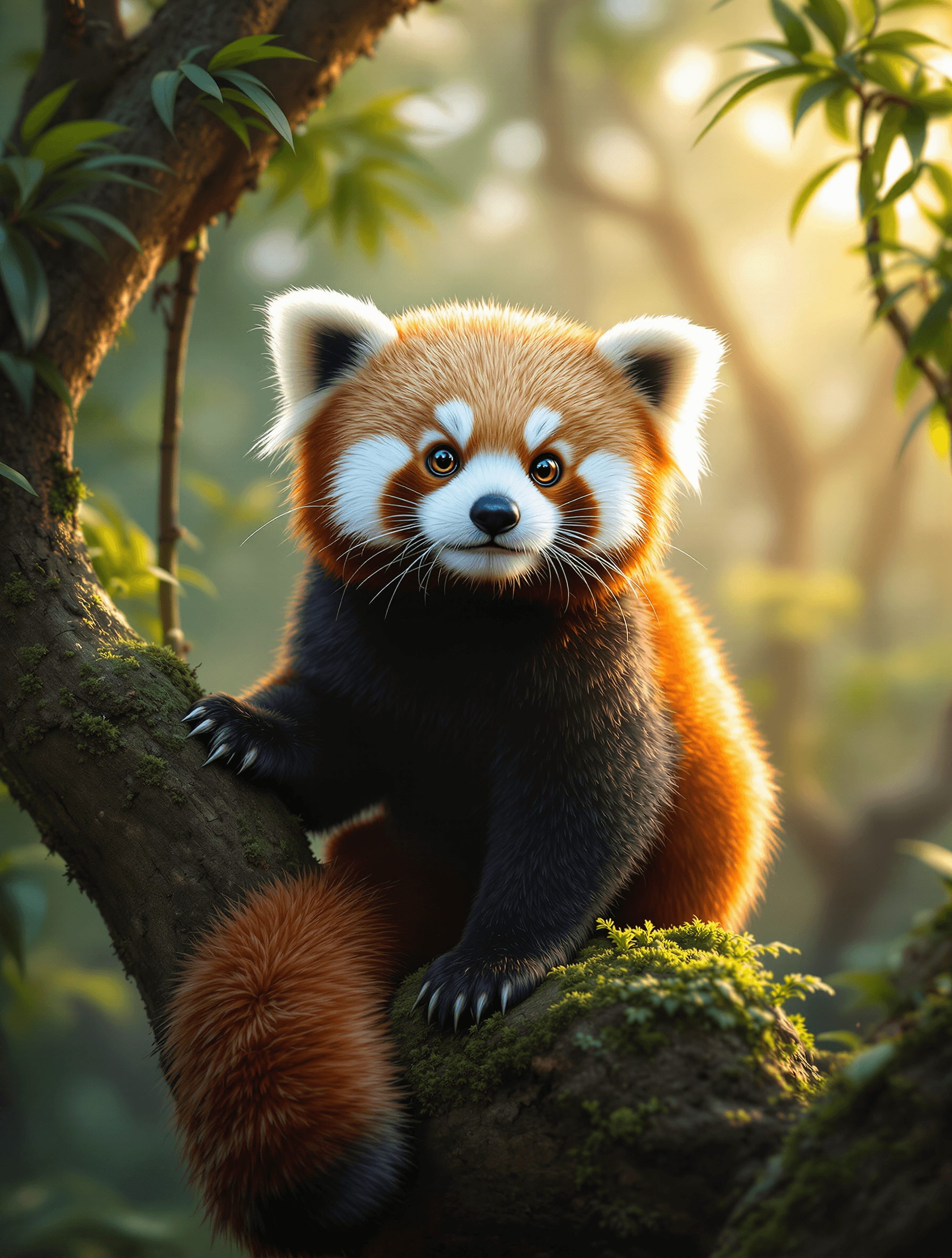AI generated: A breathtaking, high-definition **portrait of a red panda**, perched gracefully on a **moss-covered ...