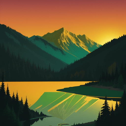AI generated: Retro Sunset, Mountain Lake scene, green, gold, illustration, inspired by James Jean