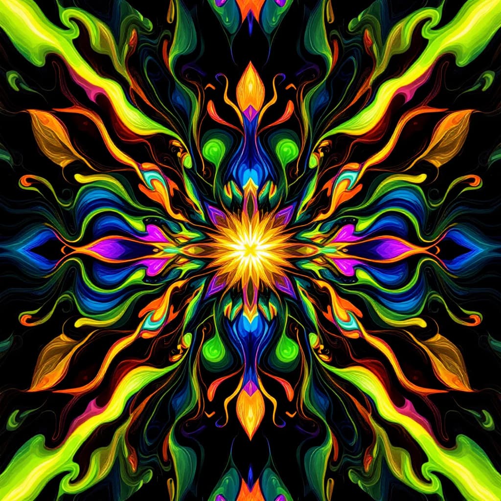 AI generated: "Create a vibrant, symmetrical abstract composition featuring dynamic organic shapes and intricate p...