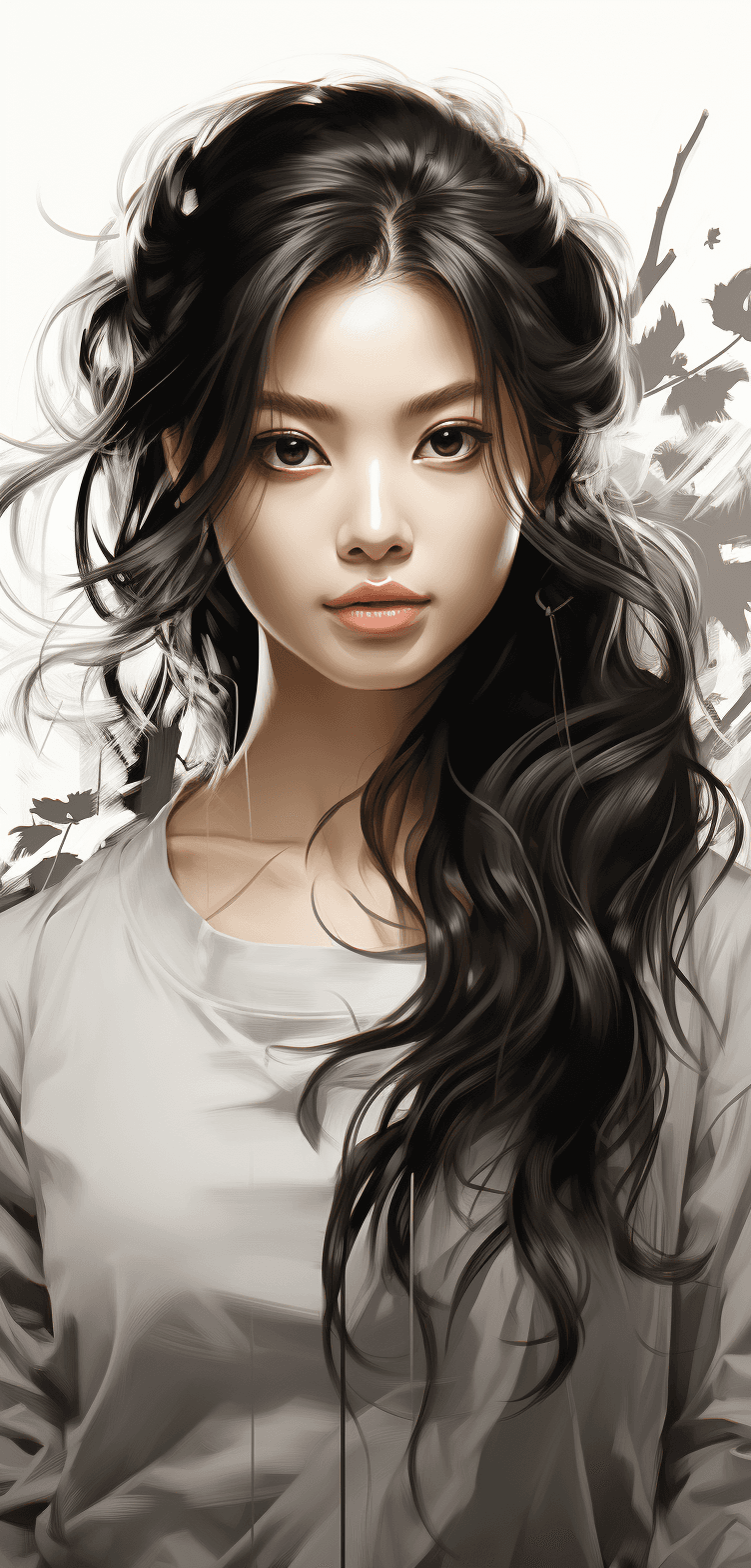 AI generated: Realistic Black and white sketch of a beautiful Korean woman, white background, --ar 61:128 --s 750 ...