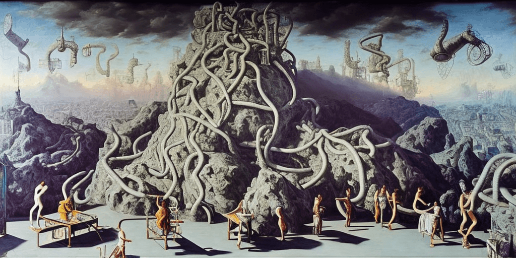 AI generated: oil painting, abstract, rooftop, neo rauch, painting with incomparable reality, intricate details