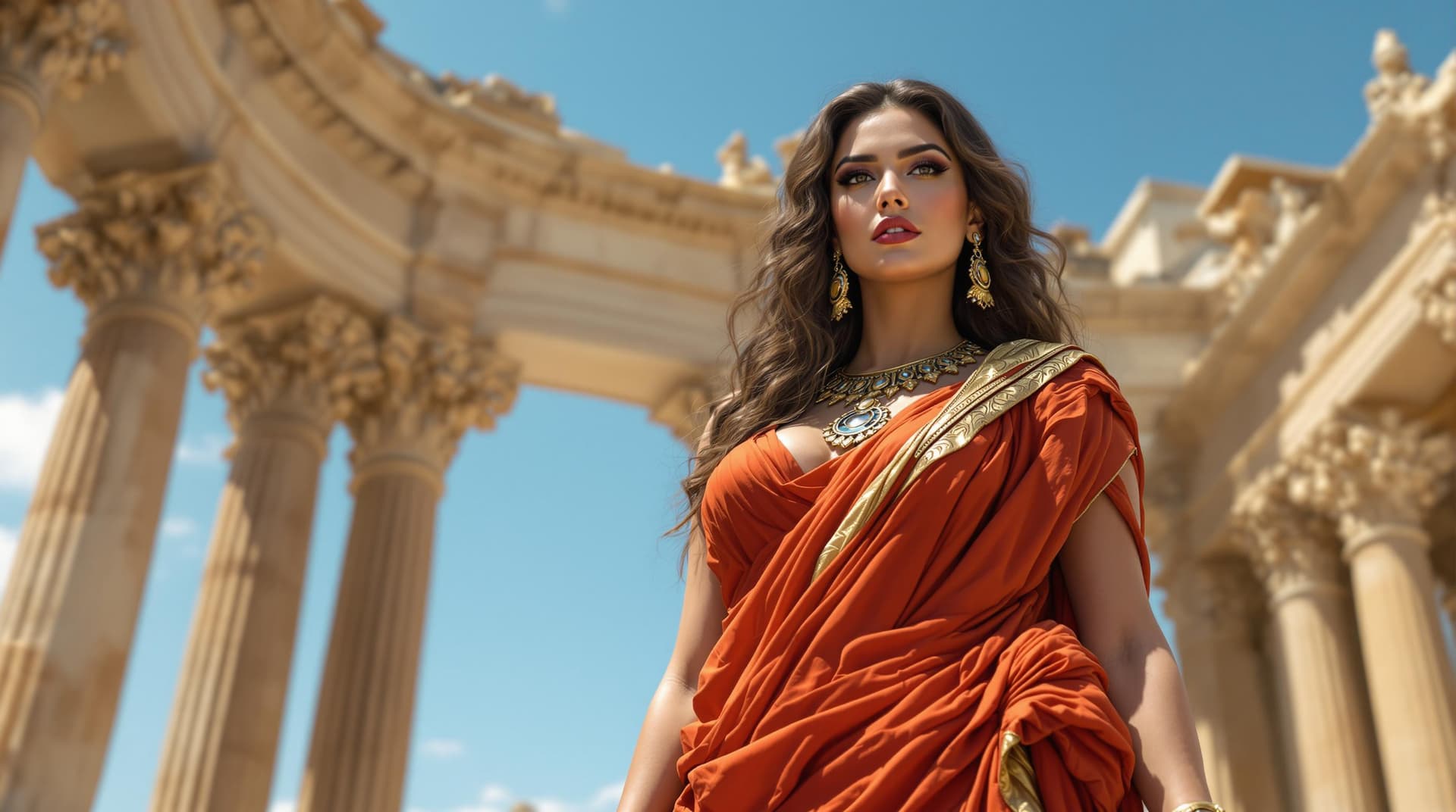 AI generated: "A confident and  woman Huge xl breast standing in a grand ancient Roman or Mediterranean-style sett...