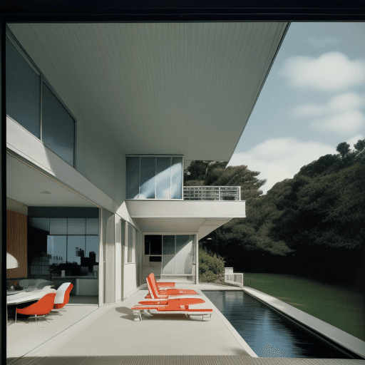 AI generated: Hyper realistic eye level exterior photo of a mid century modern style house overlooking the ocean, ...