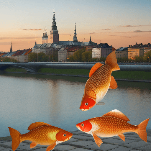 AI generated: crucian carps standing on the ground eating emoji style smiled shit from the  silver plate. Warsaw s...
