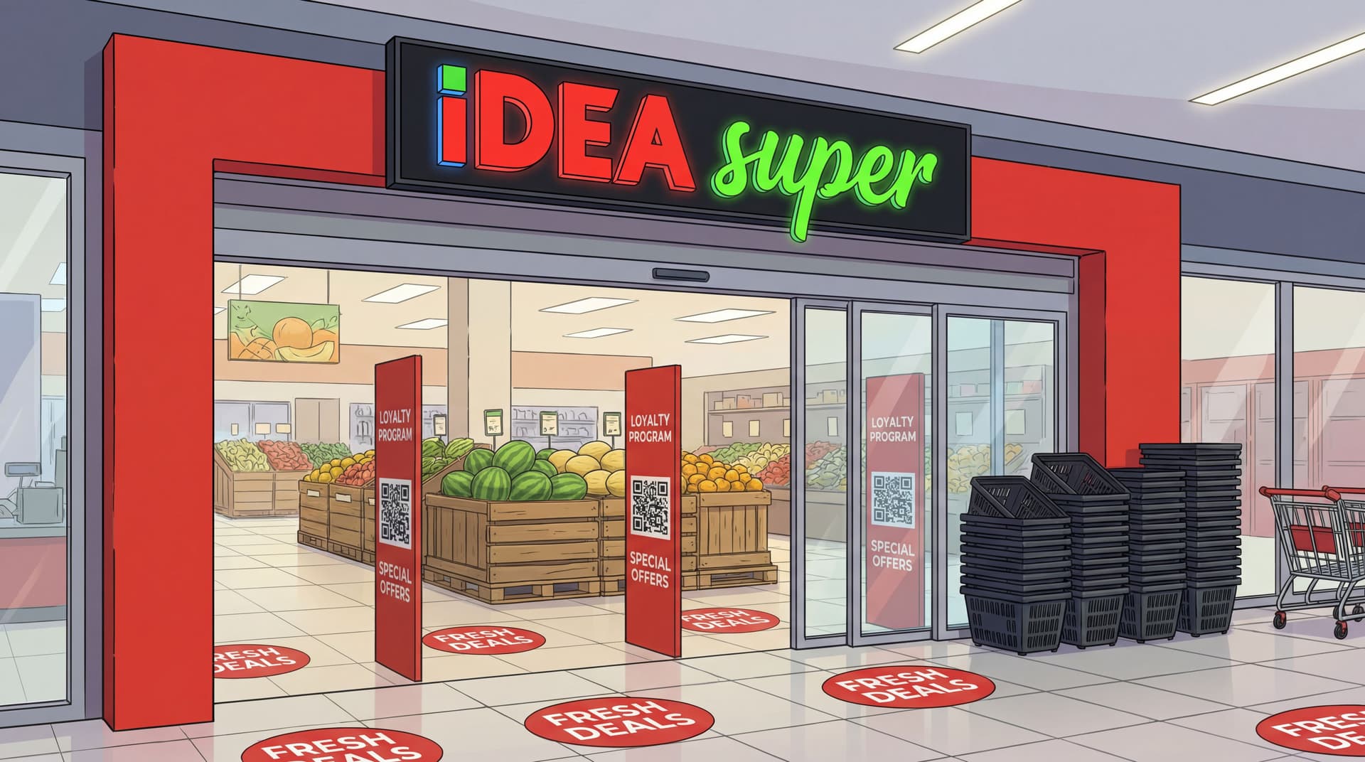 AI generated: This image shows the entrance to an IDEA super, a large supermarket located inside what appears to b...