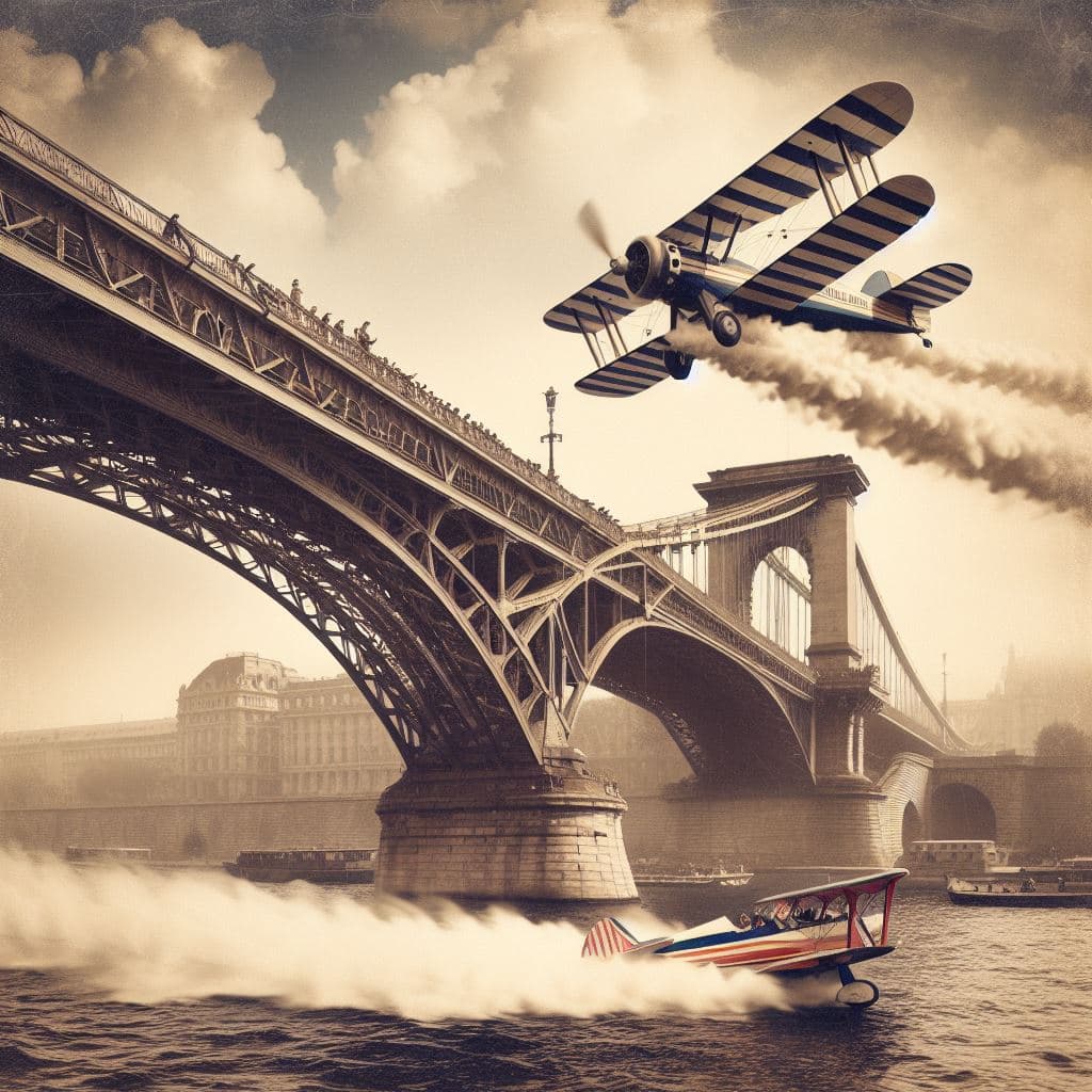 AI generated: Air Circus racer biplane, stunt flight passing under a bridge, style of Streamline Moderne, historic...