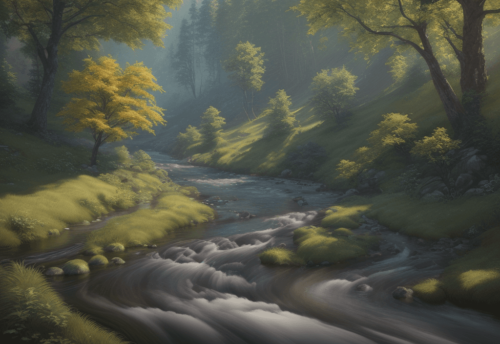 AI generated: photorealistic oil on canvas, 
small hills, flowing river, trees,
beautiful setting, summer,
Foregro...