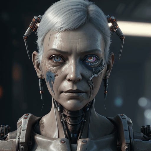 AI generated: A beautiful cyborg lady with dirty and damaged synthetic skin, rusty metal arms, cyberpunk, mature f...