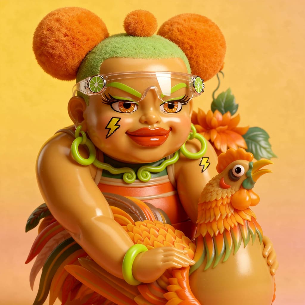 AI generated: Create a hyper-stylized 3D vinyl art toy inspired by Vietnamese folk illustration of a child riding ...
