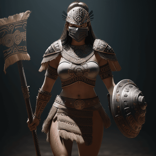 AI generated: female Aztec warrior, wearing a full battle face mask, helm, finely detailed armor, holding Obsidian...