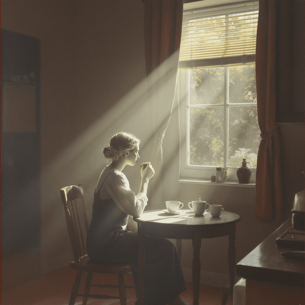 AI generated: A quiet morning scene inspired by Edward Hopper — a soft beam of sunlight pouring through a window, ...