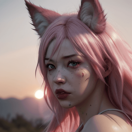 AI generated: Ahegao, Furry, Pink hair, Wolf Ears, dramatic light, pale sunrise, cinematic lighting, battered, low...