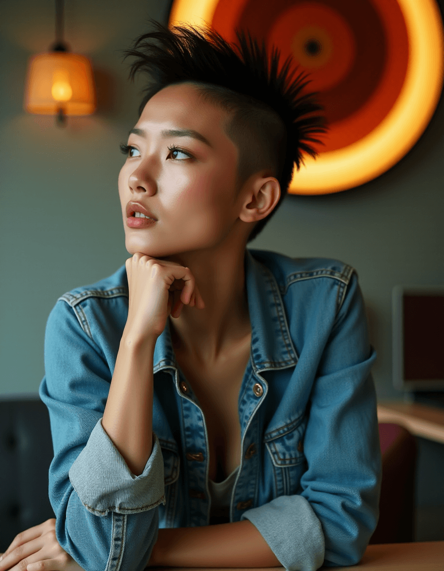 AI generated: photo of a 24 year old asian female hipster chic entrepreneur, Sun-kissed skin with a natural bronze...