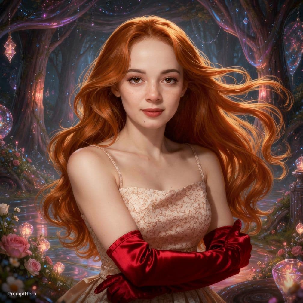 AI generated: erotic woman ,in a luxuriously sureal Dimension, she is complete Ginger-haired ,red satin gloves
