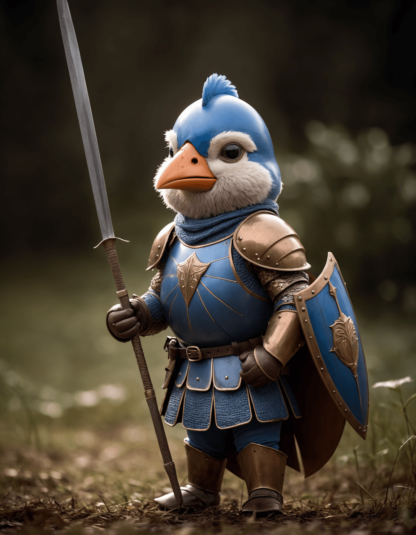 AI generated: cinematic film still awardwinning photo cute blue bird, rust, epic, knight wearing armor, sword and ...