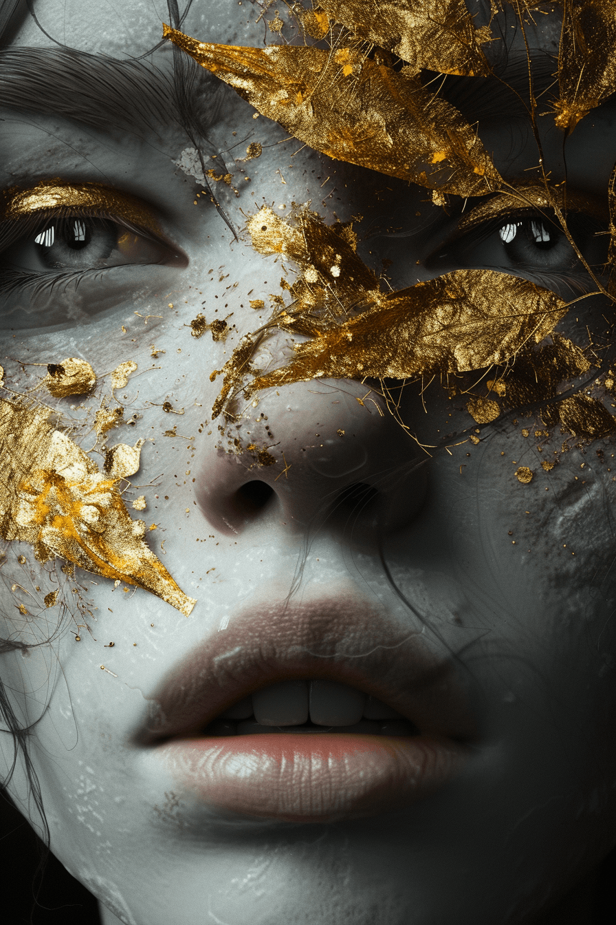 AI generated: the woman's face was painted with golden, in the style of nature-inspired compositions, dark gray, l...