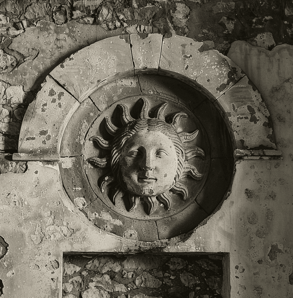 AI generated: A black and white photo of an arched window with the sun on it, an ancient Greek wall fresco depicti...