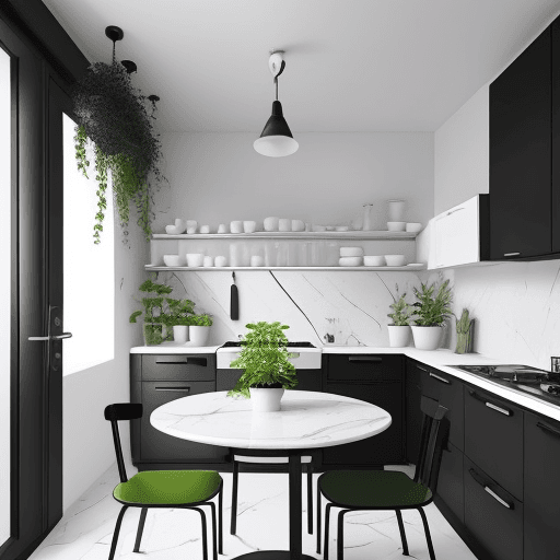 AI generated: a small kitchen with a black and white kitchen set, white marble floor, gray plaster walls, small ta...