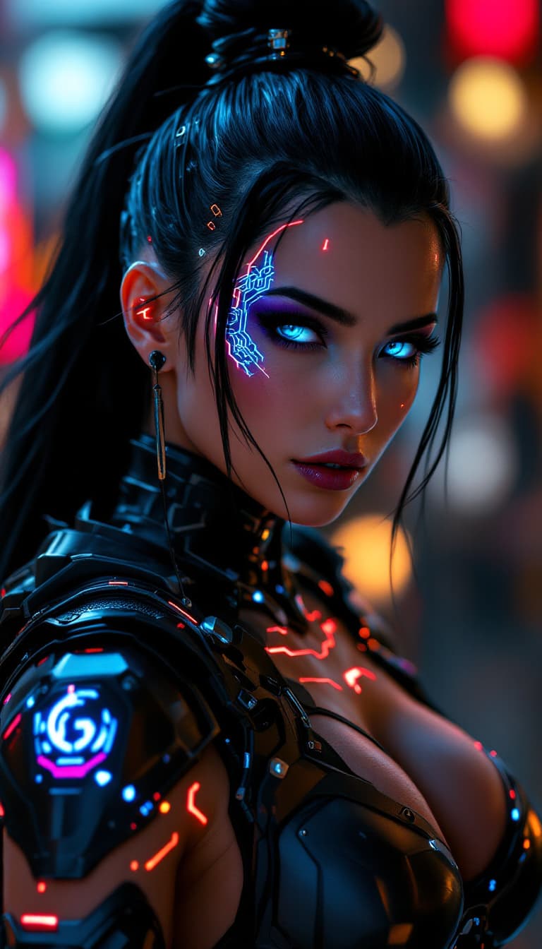 AI generated: An ultra-realistic, full-body portrait of a captivating cyberpunk ronin woman, radiating disciplined...