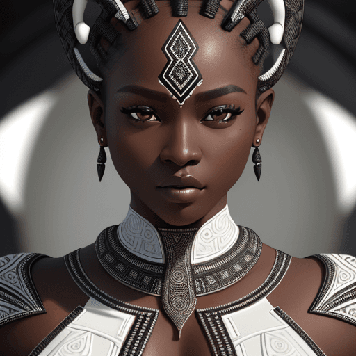 AI generated: intricate closeup shot, masterpiece artwork, black skin-tight body, tribal, suit, white accent, deta...