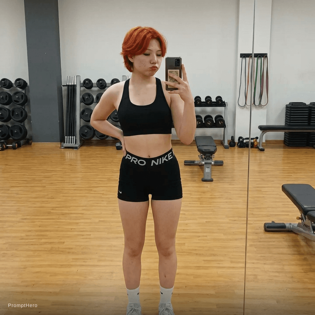 AI generated: Scene: Selfie in front of a mirror inside a gym with a wooden floor and workout equipment visible in...
