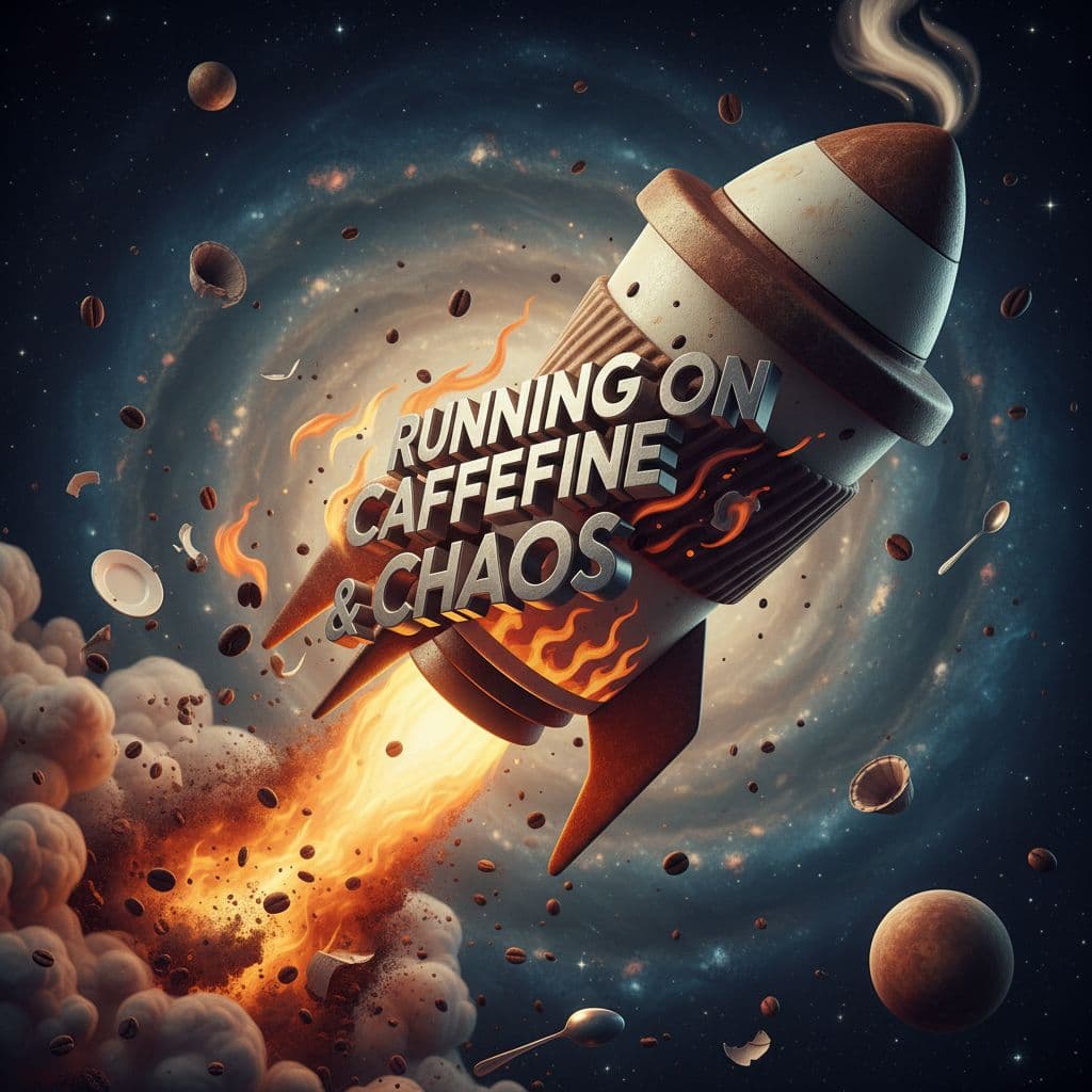 AI generated: "Running on Caffeine & Chaos" — 3D coffee cup rocket-launching