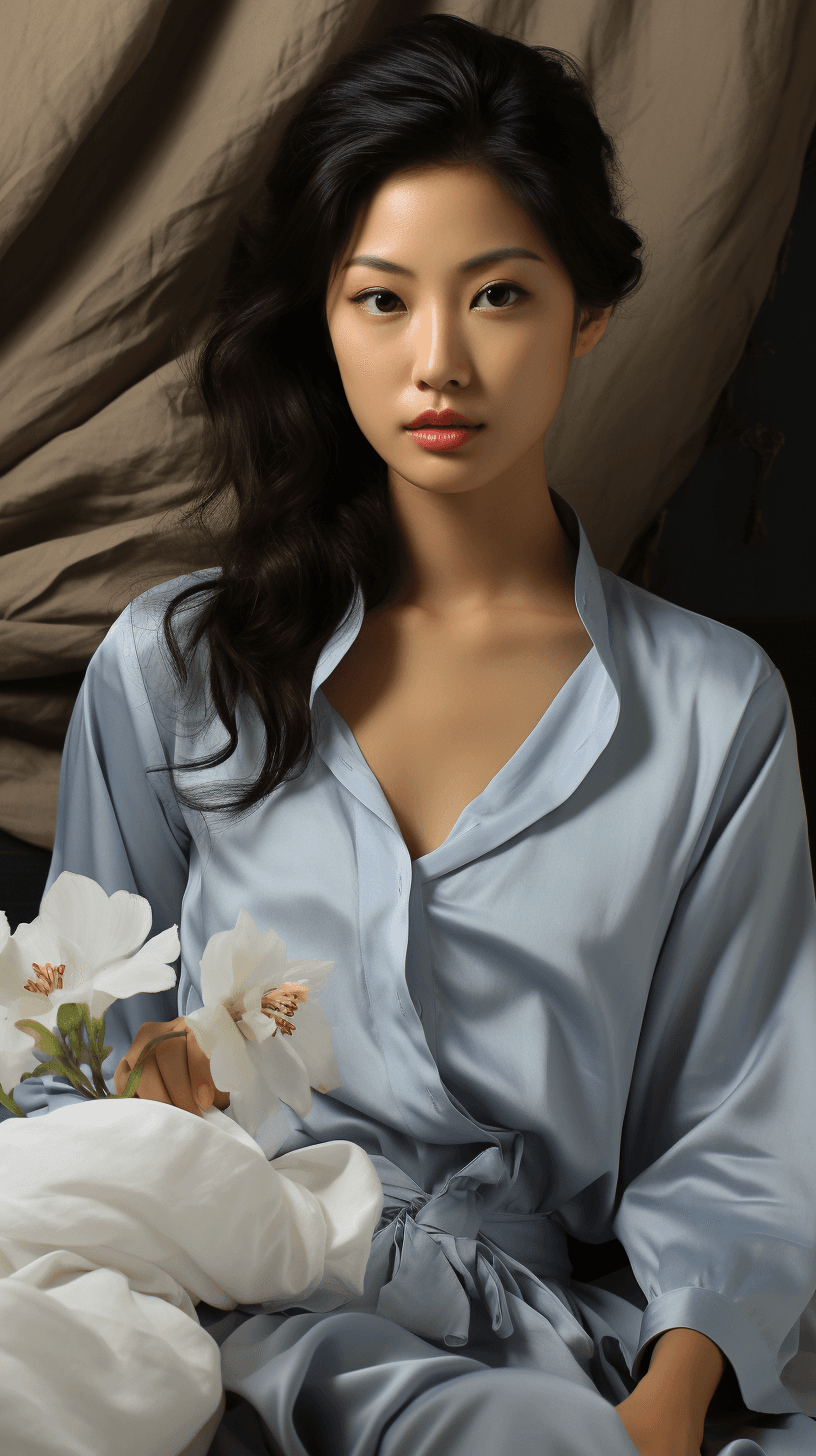 AI generated: asian rae eunhee on a white bed, in the style of light gray and light bronze, dark white and dark az...