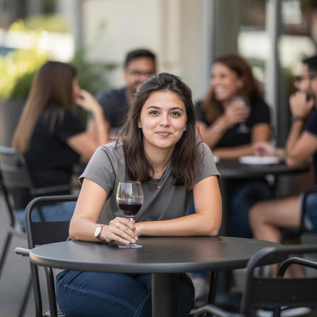 AI generated: candid portrait photo at an outdoor café,
woman sitting at a table holding a glass of wine,
friends ...