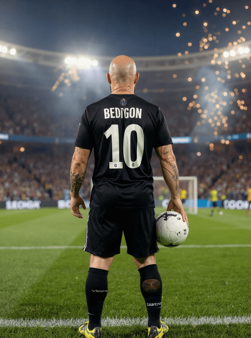 AI generated: Ultra-realistic sports portrait of a world-famous football player standing in a packed stadium under...