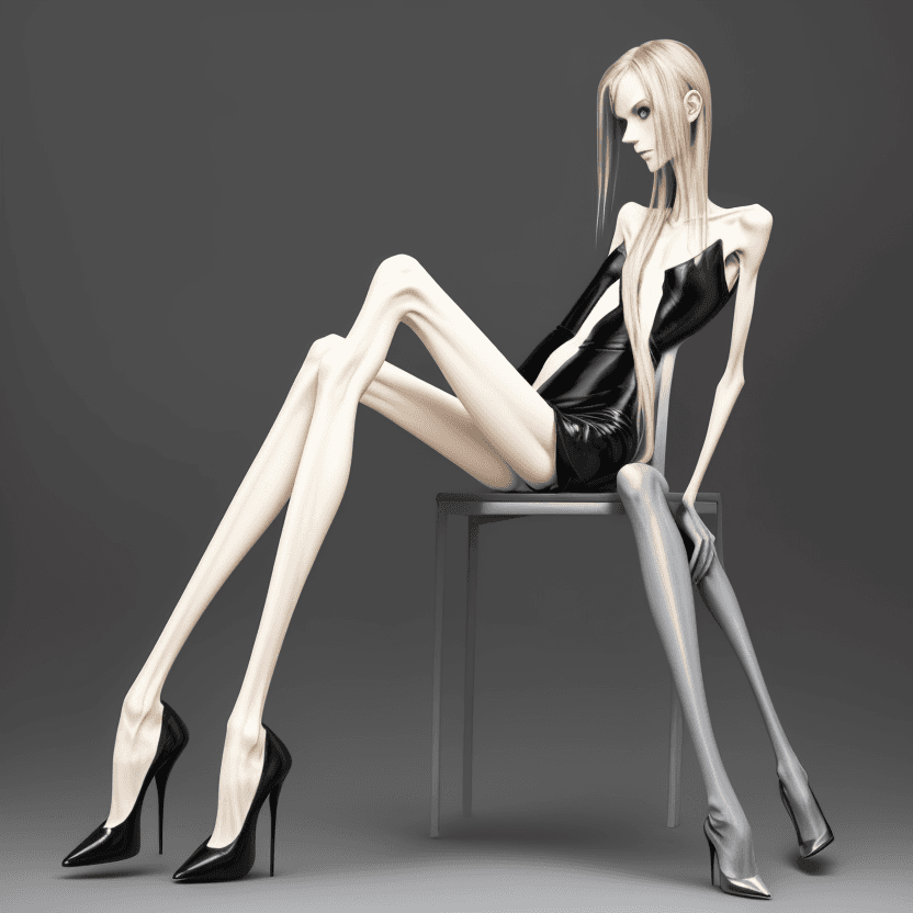 AI generated: very skinny anorexic legs  in high heels, high heels, sitting, the tips of the shoes are very long t...