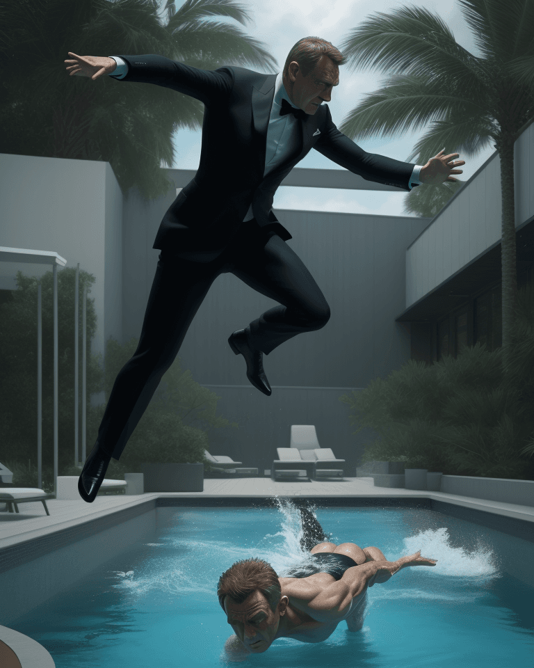 AI generated: cinematic 4K image of a photorealistic, James Bond diving into a pool in a realistically way
