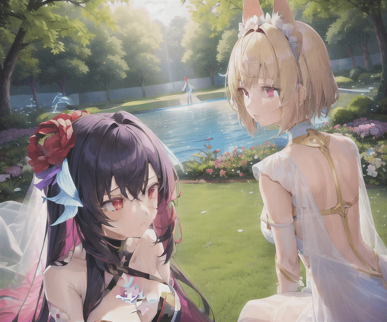 AI generated: 2girls, 1girl_a and 1girl_b, sitting together: (1girl_a is a sleek, android girl with luminous, glow...