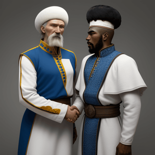 AI generated: white cossack ukrainian man and black man shaking hands frowning