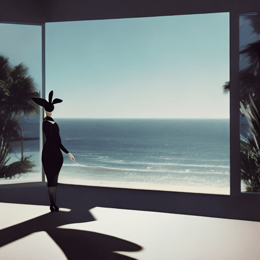 AI generated: overlooking the ocean, daylight, indirect lighting, AD magazine, bunny ears, black clothes