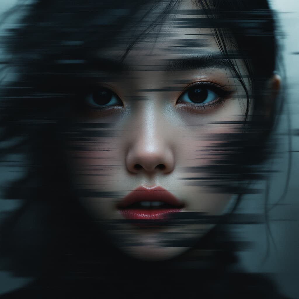AI generated: A young Asian woman's face is covered with glitch effects, blurred in motion, surrounded by black ab...