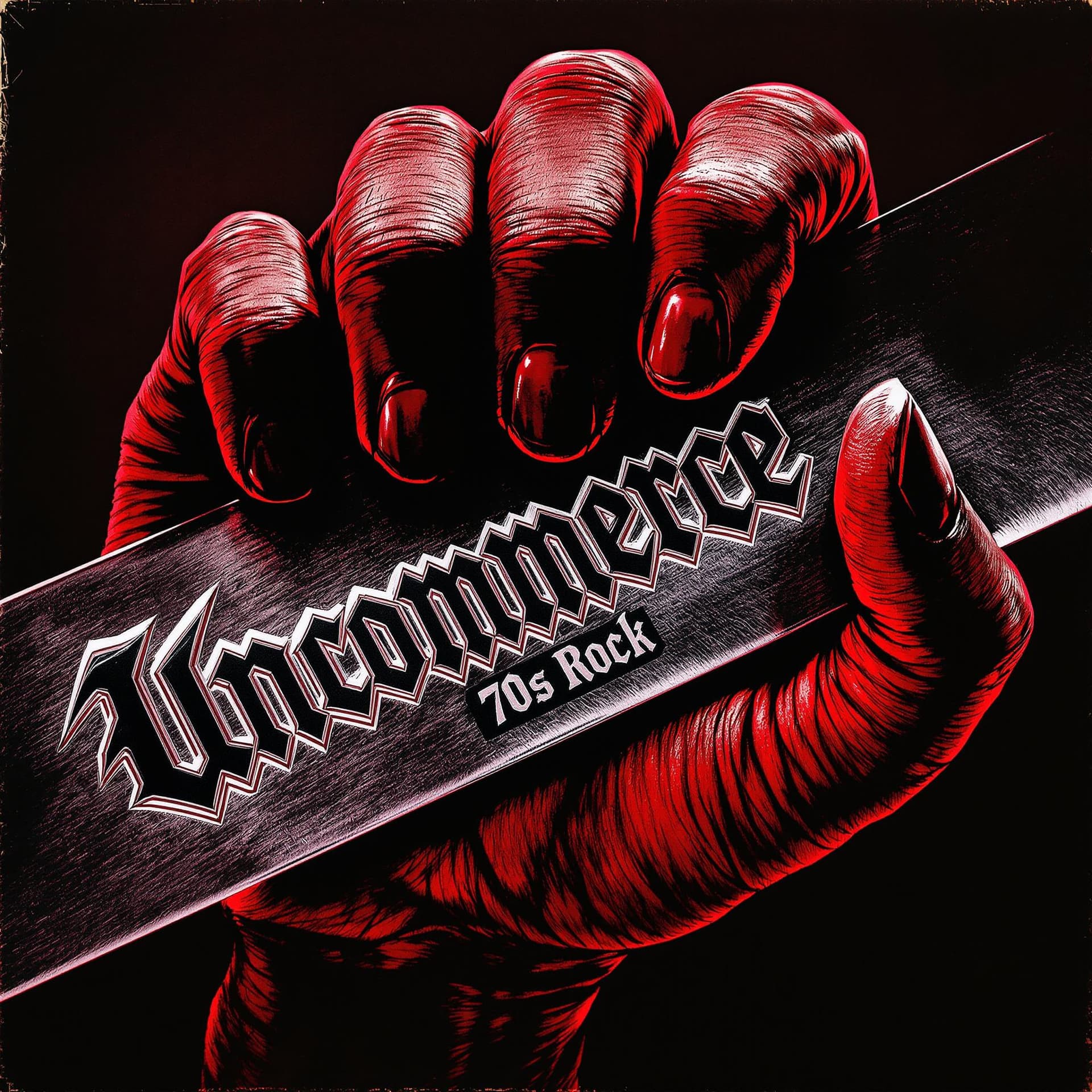 AI generated: A dramatic 1970s-style heavy metal album cover, a close-up of a hand holding a giant razor blade wit...