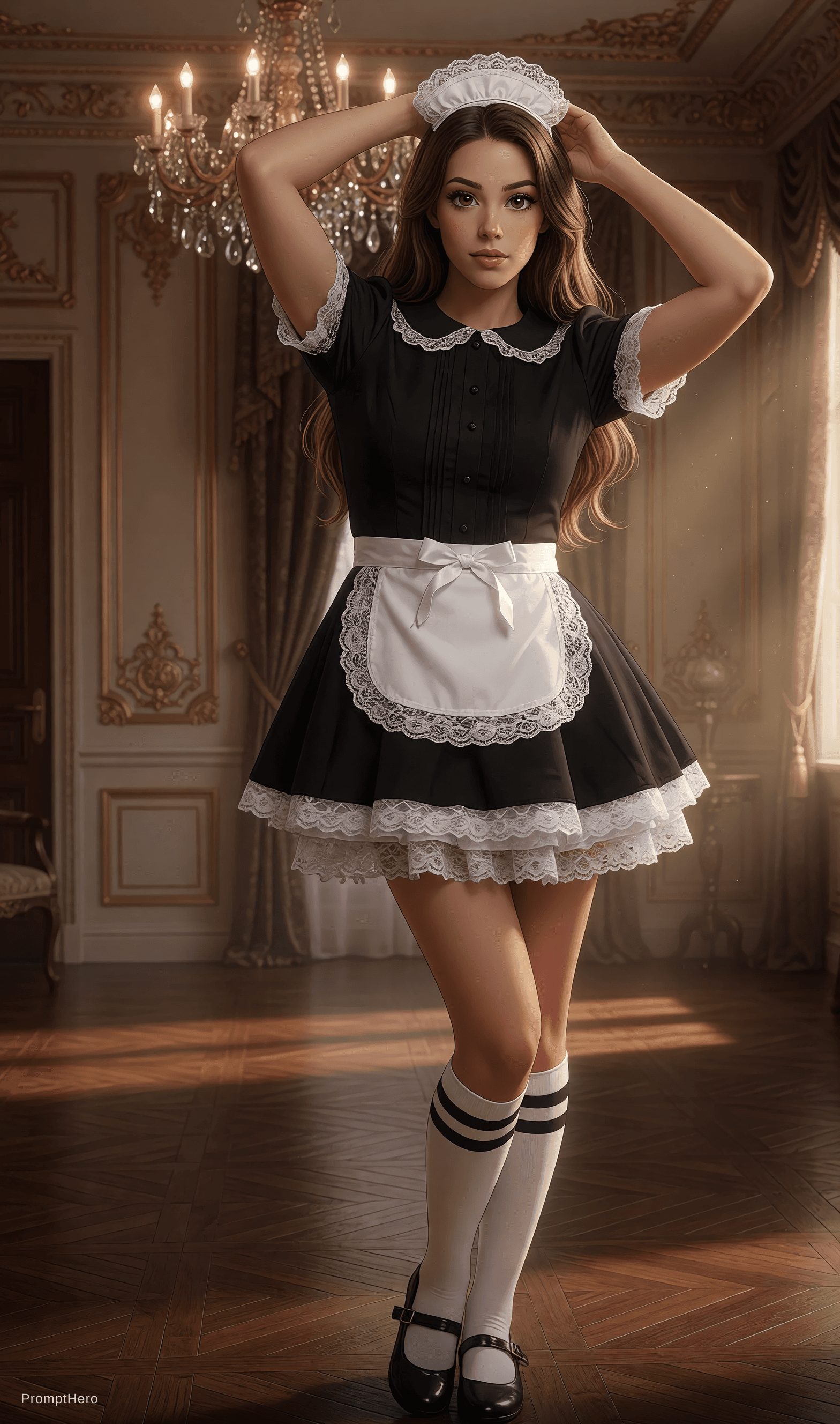 AI generated: french maid in anime 3D style, classic manor background