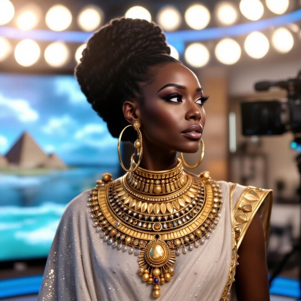 AI generated: A Black African queen in a weather studio with lights cameras and a big screen behind  the queen wea...