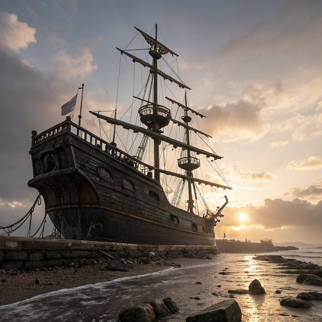 AI generated: Photo of a ultra realistic sailing ship, dramatic light, pale sunrise, cinematic lighting, battered,...