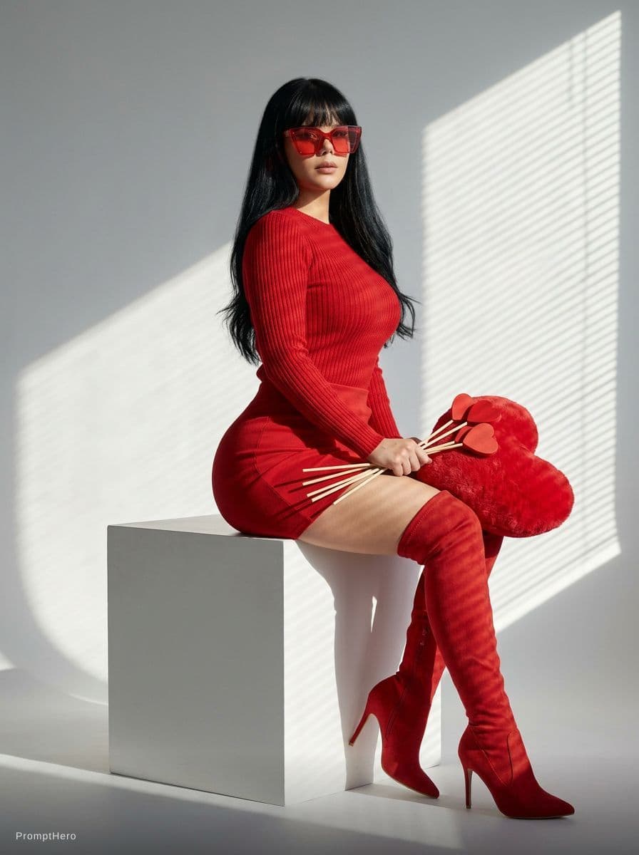 AI generated: Create a hyper–realistic studio fashion photograph of a woman seated in a minimalist editorial set. ...