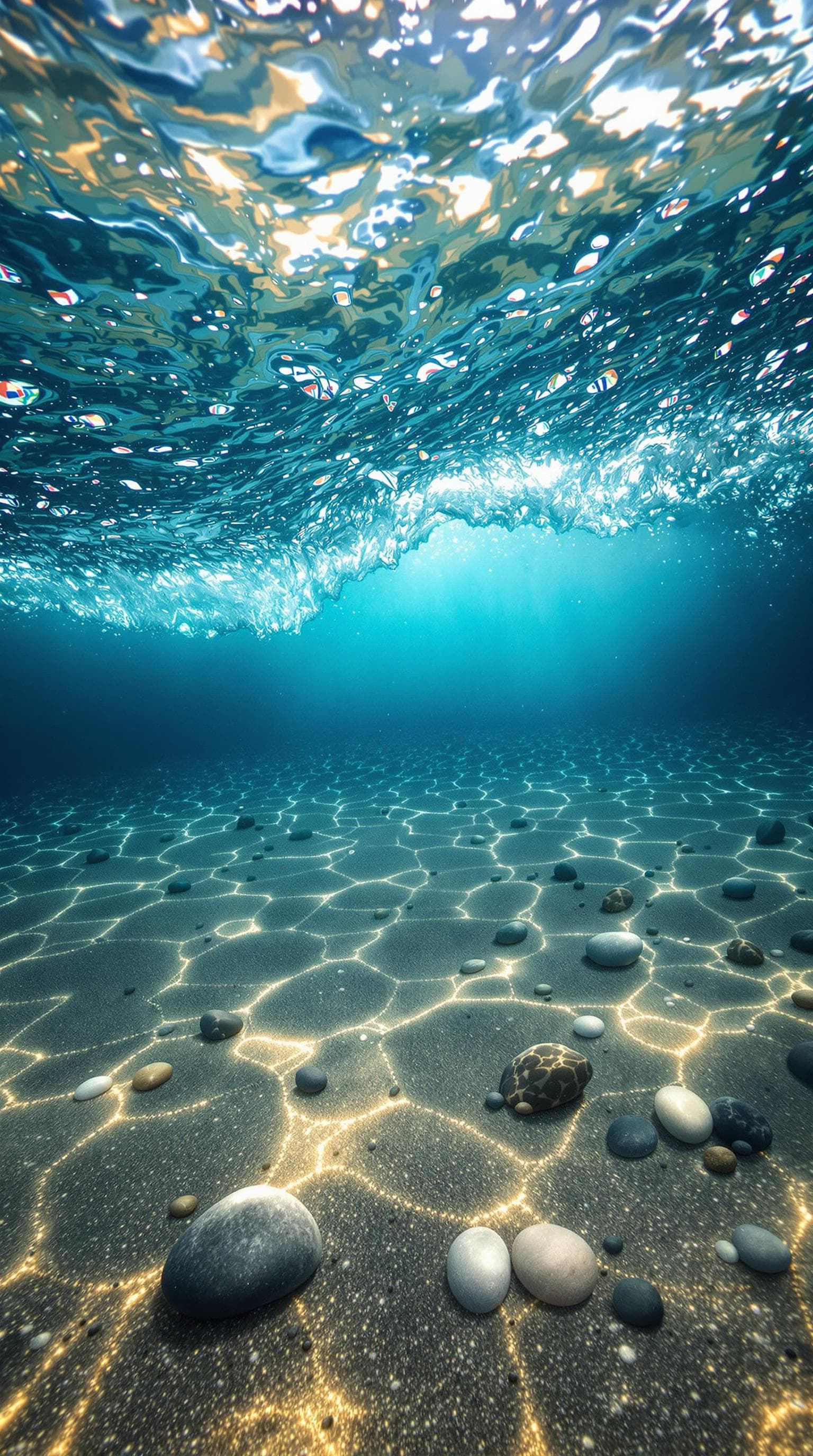 AI generated: ultra-high-definition, depicting the sea bed beneath the most beautiful stormy waves. The fine-grain...
