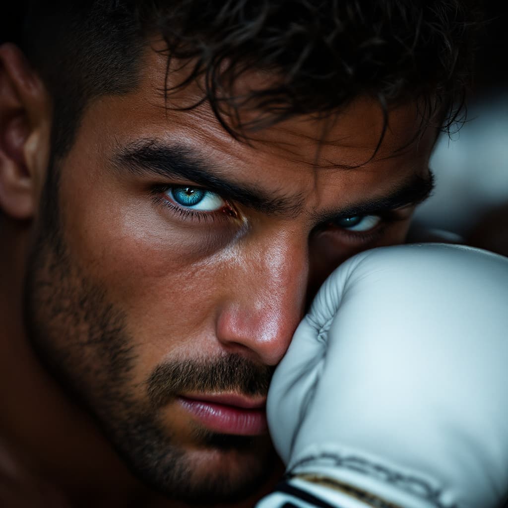 AI generated: photograph, ring, male model boxer, blue eyes with detail, using camera setting simulating wide aper...