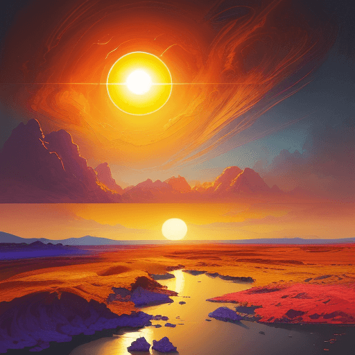 AI generated: painting of a a damaged landscape with a big sun in the sky, vibrant digital painting, dreamlike dig...