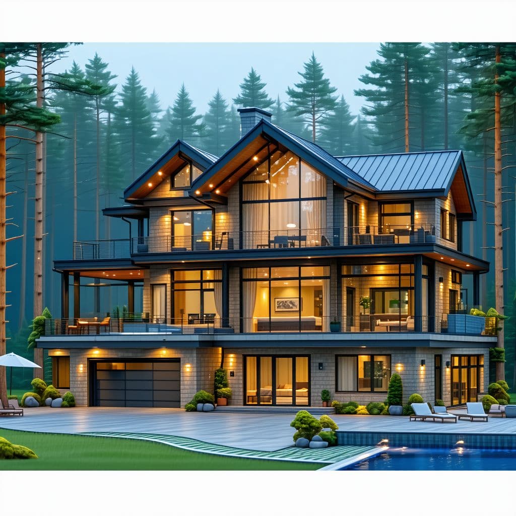 AI generated: Build a two-story cottage with large windows in a modern style. Surrounded by forest and lots of art...