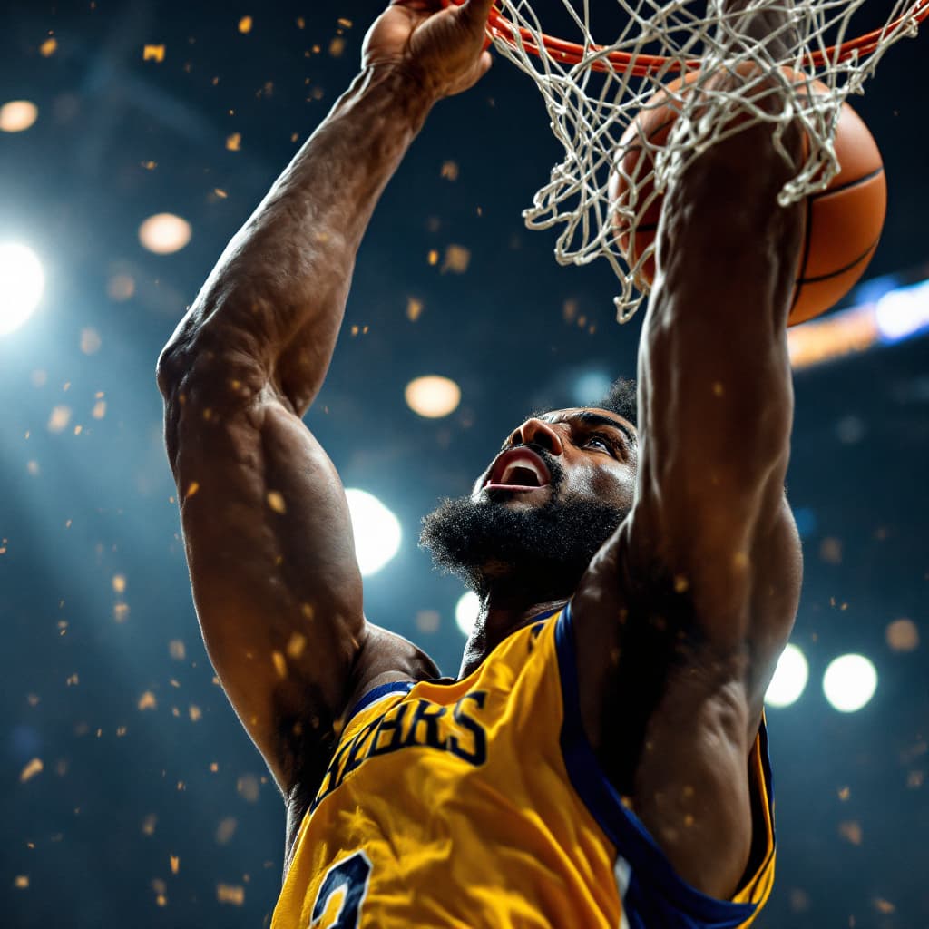 AI generated: A player in mid-air, performing an explosive slam dunk. The lighting captures every detail in crisp ...