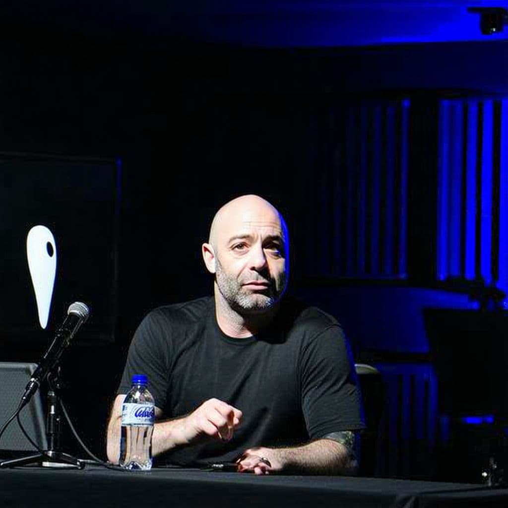 AI generated: Joe Rogan on a set with slenderman, miserable