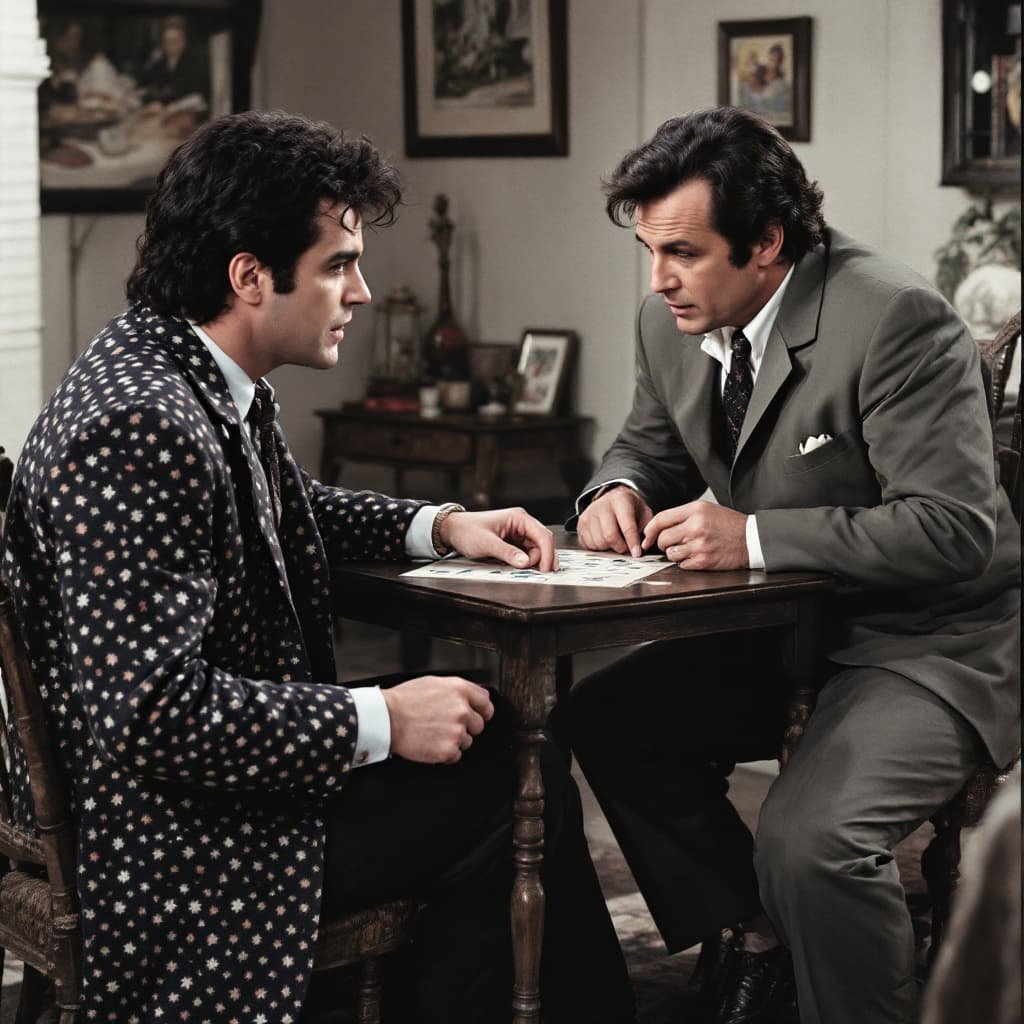AI generated: jim carrey as ace ventura playing  a  game of clue with peter falk as  the detective columbo is his ...